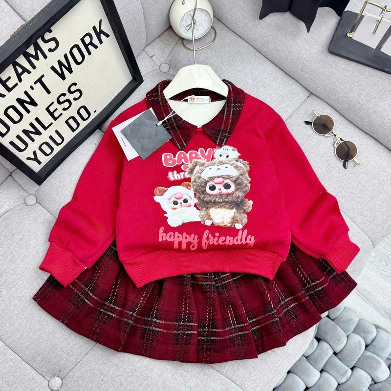 Bộ Đồ Cho Bé Gái 13 - 35kg - Áo Nỉ Lót Nhung Kèm Chân Váy Dạ Kẻ, In Hình Dễ Thương