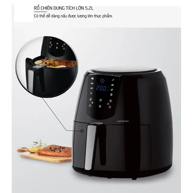 Nồi chiên không dầu LocknLock Chính hãng 5.2 Lít 1800W - Tặng chảo nướng 1,7L, Găng tay EJF357 - HAPOS MALL OFFICIAL 5