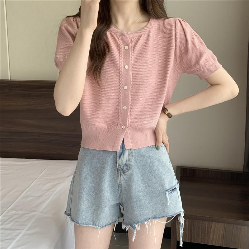 Product Introduction of Áo Thun ngắn Tay Phong Cách Mới Mùa Hè, Cổ Chữ O, Dễ Phối Đồ Dành Cho Nữ, Ngắn Ngắn Tay, Một Hàng Cúc, Áo Cardigan Dệt Kim, Đơn Giản 19