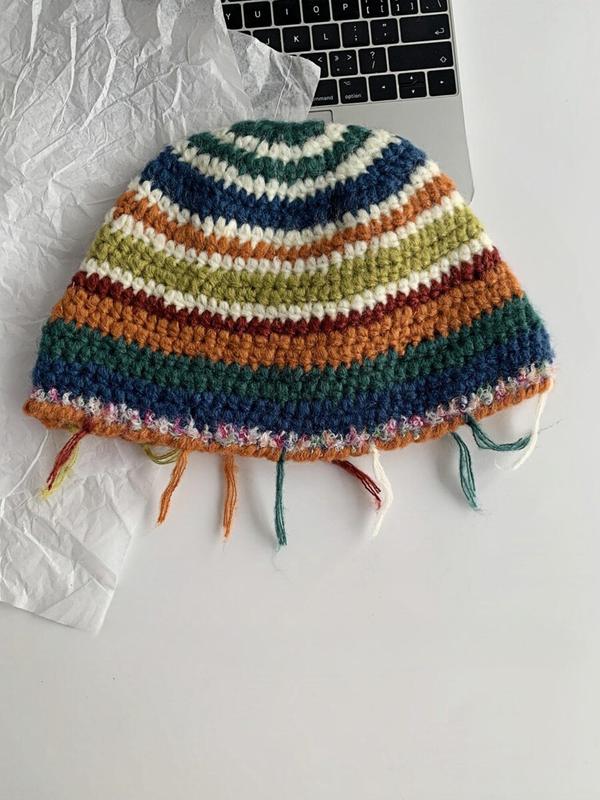 Rainbow Stripe Pattern Label Patched Design Beanie Hat, Casual Street Warm Ear Protection Knit Hat for Fall & Winter, Fashion Accessories for Women & Men 3