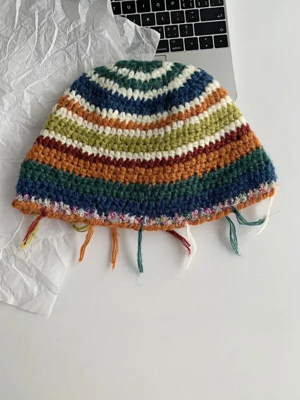 Rainbow Stripe Pattern Label Patched Design Beanie Hat, Casual Street Warm Ear Protection Knit Hat for Fall & Winter, Fashion Accessories for Women & Men 3