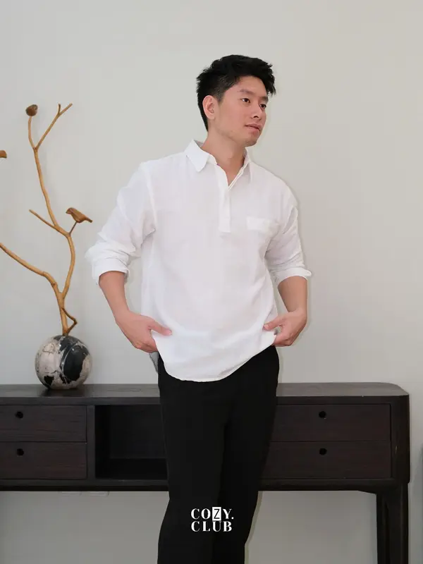 COZYCLUB Linen Longsleeve Polo | Kaos Kerah Pria Linen Lengan Panjang | 191 2