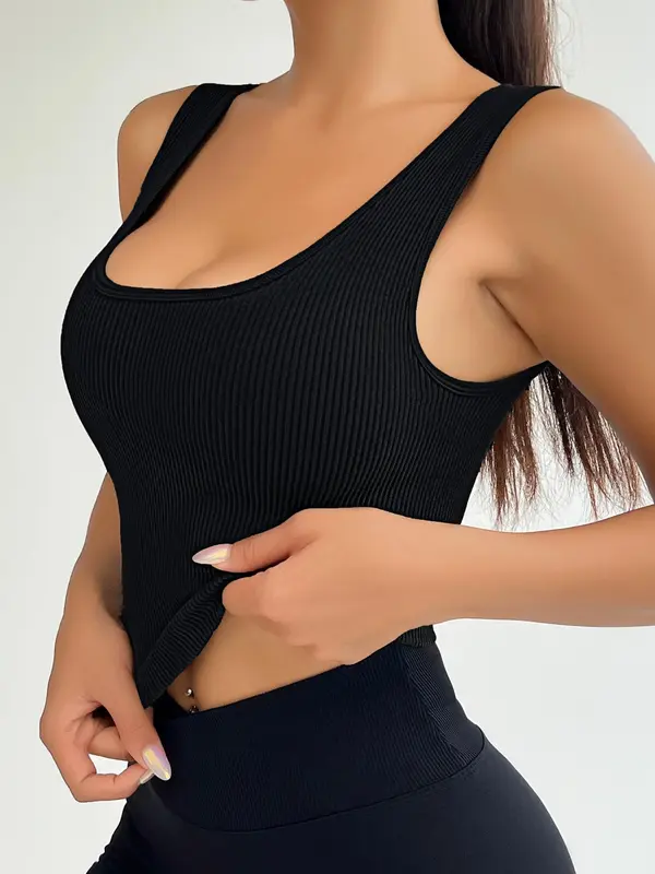 Women's Solid Scoop Neck Ribbed Sports Vest, Casual Comfy Breathable Quick Drying Sleeveless Crop Top for Yoga Gym Workout Running, Activewear, Ladies Sportswear Clothing for All Seasons Indoor Outdoor Wear 4