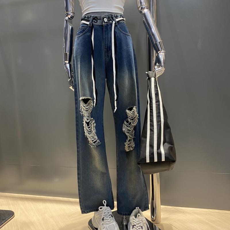 THE QUẠO - Quần Jeans Nữ Ống Rộng Lưng Cao Dáng Dài Rách Gối Phối Thêu BC232