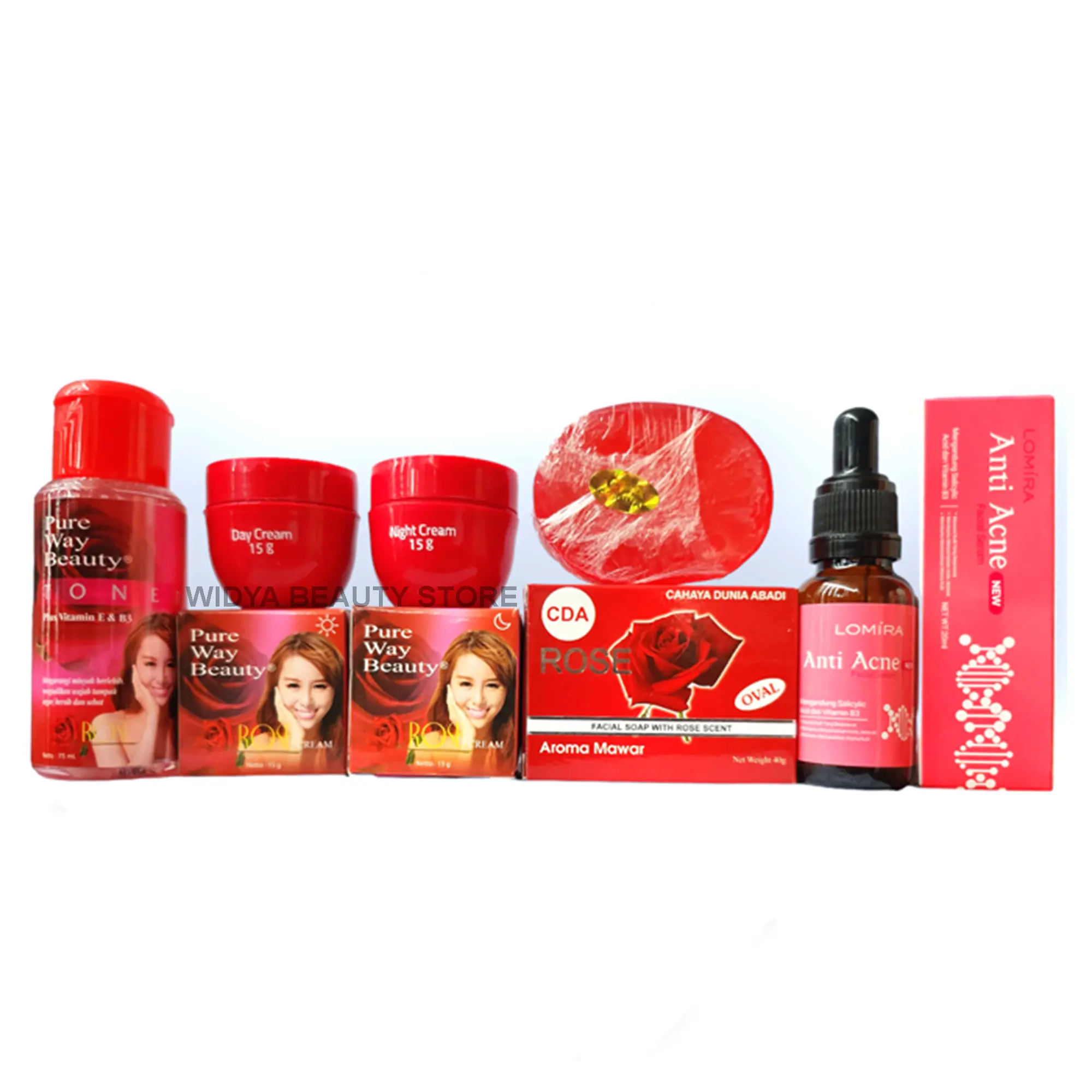 Paket Kumplit 5in1 Rose Pure way Beauty / Cream Rose Pure Way -Cream Siang dan Malam + Sabun Rose + Toner Rose Plus Serum Anti Acne Original BPOM/rose cream ori 1 paket/others/cream rose original 1 paket bpom/Krim Wajah Glowing