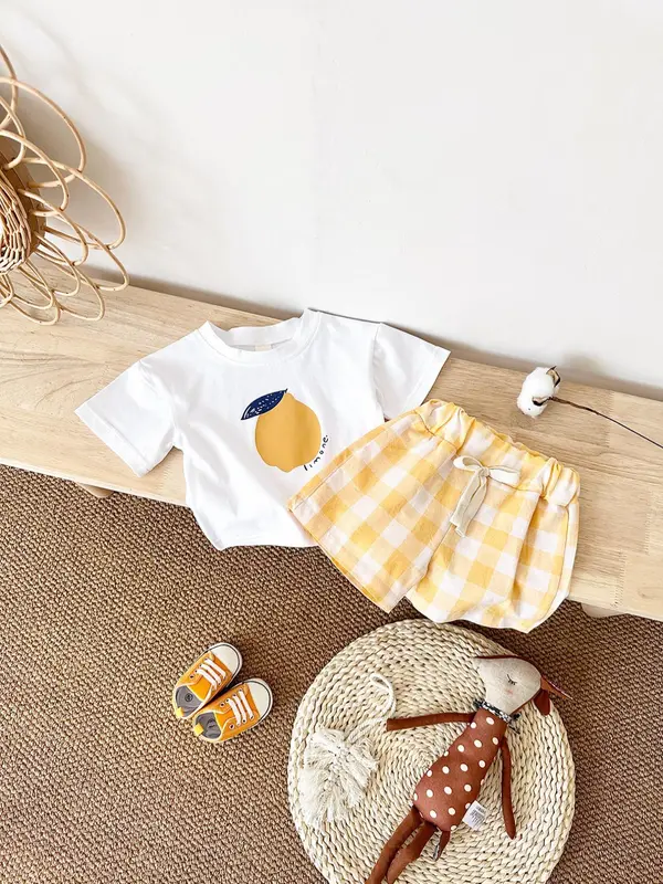Baby's Fruit Print Tee & Shorts Two-piece Set, Casual Short Sleeve T-shirt & Shorts for Pretty Little Baby Daily Wear, Infant Toddler Kids Summer Clothes, Baby Clothing, Baby Girl Clothes, Newborn Gift Set 3
