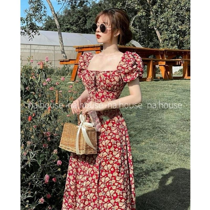 ￼Đầm hoa nhí dáng dài xẻ tà đi chơi đi biển dạo phố váy hoa nhí lụa cổ vuông tiểu thư thiết kế đẹp xinh xịn sang Women Nữ Dress 2