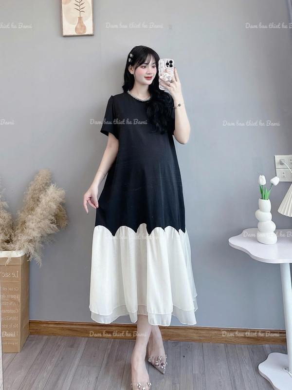 Đầm bầu suông den cổ đá chân tơ bồng bềnh đi tiệc công sở baby doll đi chơi dáng dài Women Voan Dress Nữ