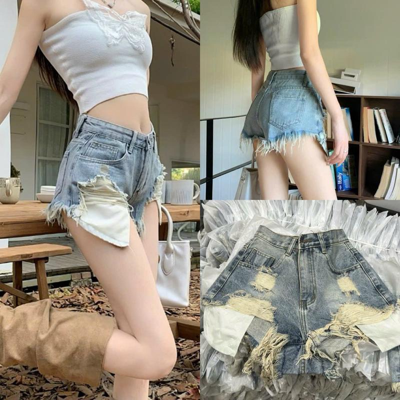 Quần short jean nữ túi lồi tua rua rách gấu màu xanh bụi [CHĂMCHĂMM65] Women quân  shortnữ quan 2