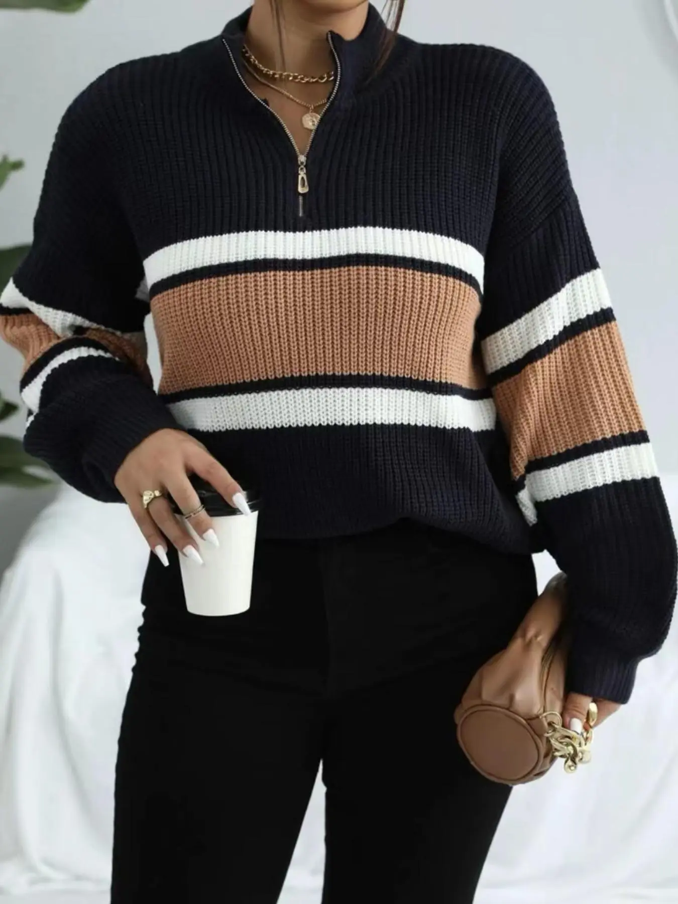 Women's Stylish Colorblock Striped Print Half Zip Up Drop Shoulder Sweater, Casual Longsleeves Stand Collar Jumper for Fall & Winter, Women's Knitwear Clothing, Comfort Womenswear for Lady
