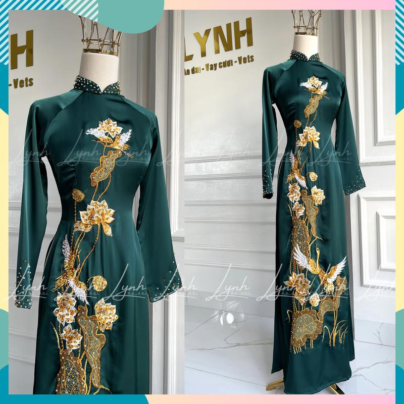 Áo dài mẹ cô dâu XANH RÊU thêu liên sen - lụa tô châu cao cấp- Áo dài LYNH Top Nữ Women Voi Sen Sơ Mi Hoa Sen