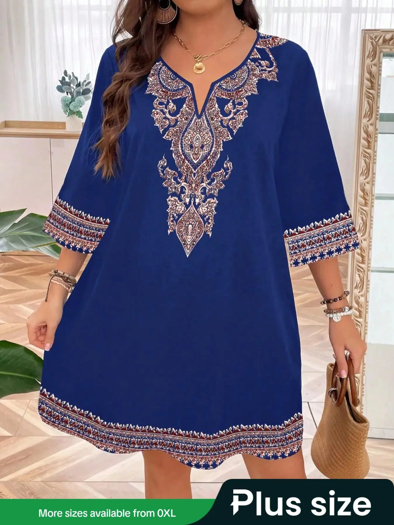 【Plus Size】Ethnic Pattern Notched Neck Dress, Boho Fashion Casual Dress for Daily Holiday Vacation Wear, Women Plus Clothing for Summer