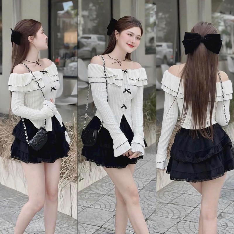 3Q444 Bộ Set 2 Món Gồm Áo Len Thun Trễ Vai Mix Nơ Phối Váy Ren Lụa 2 Tầng (có lót quần) Nữ Women Top