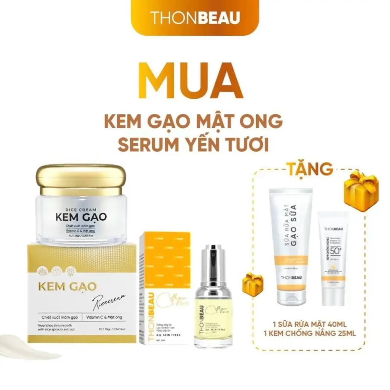 (Combo 4món)  KEM GẠO MẬT ONG + serum collgen yến [ TẶNG CHAI SỮA RỬA MĂT+CHỐNG NẮNG 40ml ] Skincare