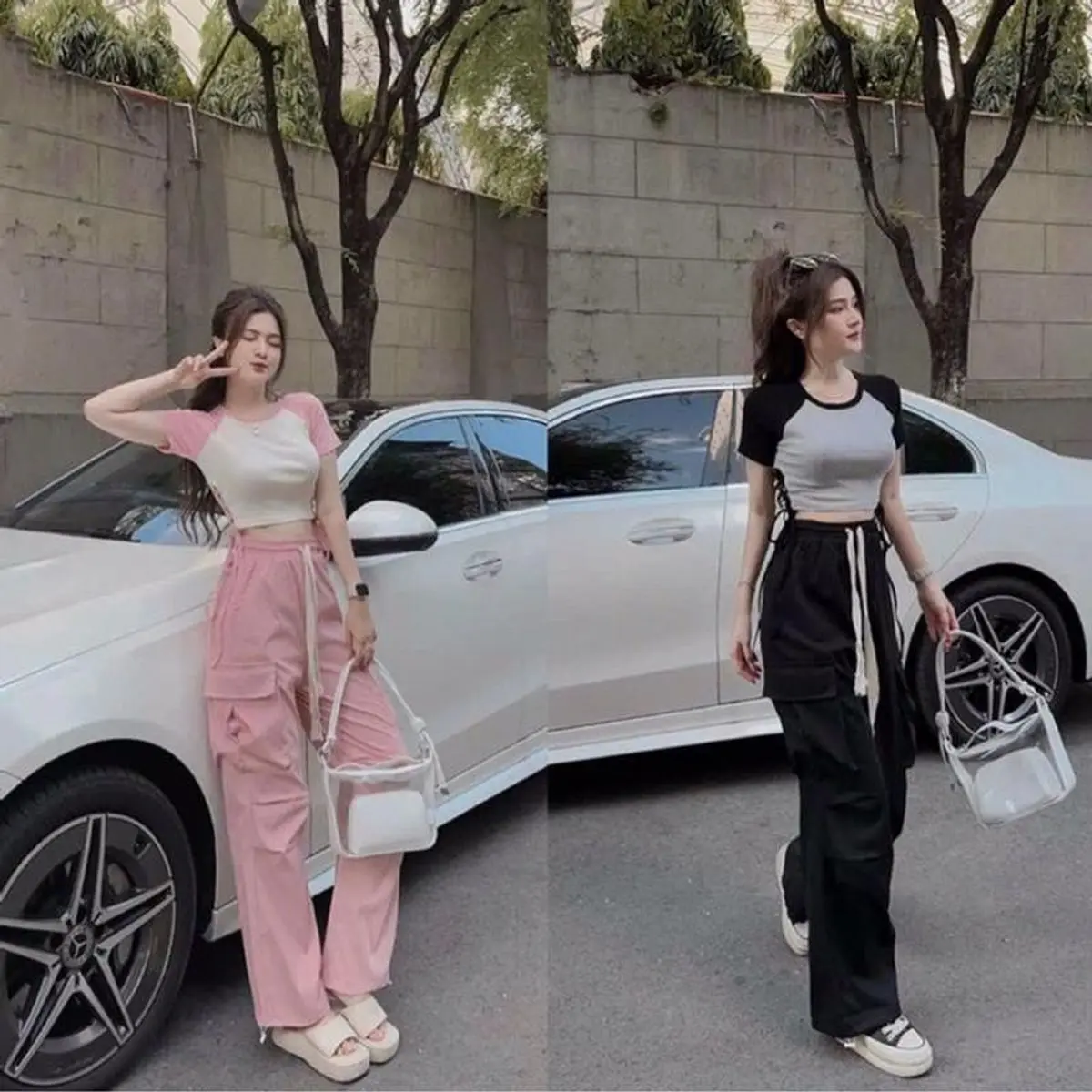 set đồ nữ thời trang mặc đi chơi áo thun gân croptop đan dây eo phối quần dài có túi hộp hai bên chất for