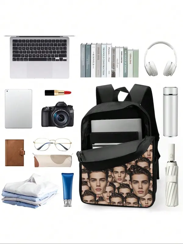Fashion Face Print Backpack, Casual Large Capacity Zipper Backpack for Women & Men, Trendy Versatile High-quality Daily Commuting Bag 2
