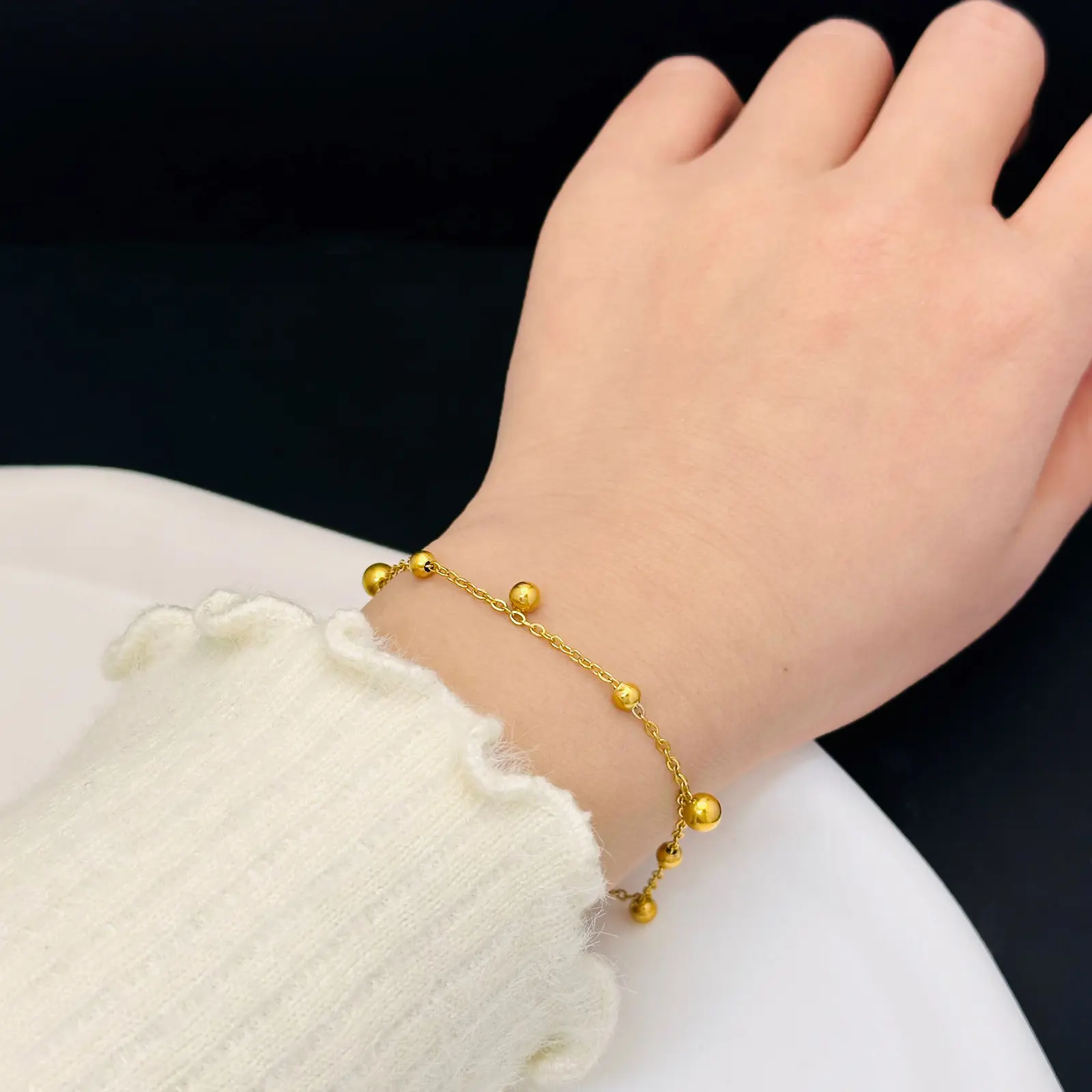 Titanium Steel Non-Fading Non-Allergic Titanium Steel Bracelet Color-Retaining Lucky Beads Small Bead Simple Golden Bean Bracelet for Women