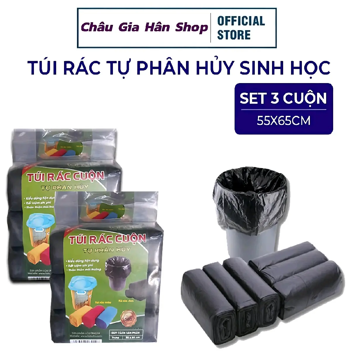 3 Túi Rác Đen Kích Thước Lớn 55*65cm, 9 Cuộn Tự Phân Hủy Kitchen Đồng 500g Nhà Bếp