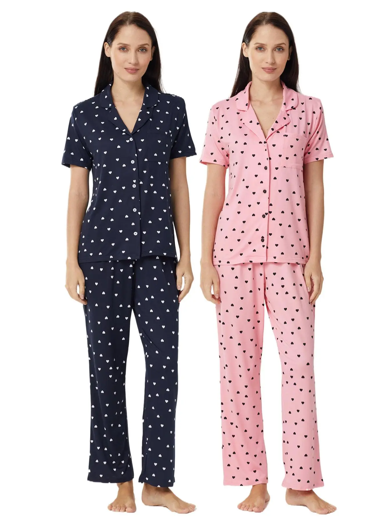 Women's Heart  Print Lapel  Neck Tee & Pants Loungewear Two-piece Set, Casual Comfy  Short Sleeve T-shirt & Trousers Pj Set, Ladies Sleepwear for Spring & Fall