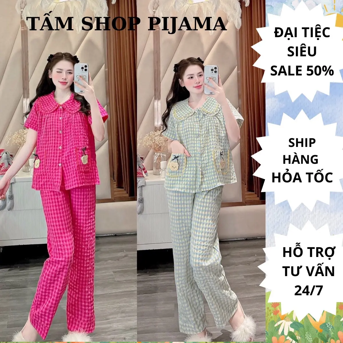 Combo 2 bộ ngủ Pijama caro con gấu áo cộc quần dài chất đũi Hàn mỏng nhẹ mặc nhà cho nữ (42/60kg) Quần ngủ áo ngủ  Kem