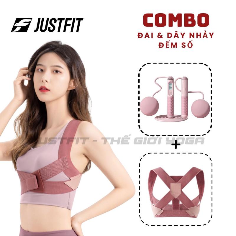 Combo Dây nhảy đếm số và Đai bảo vệ vòng 1 khắc phục gù lưng JUSTFIT Logo cao su + Kèm dây dài Tập yoga