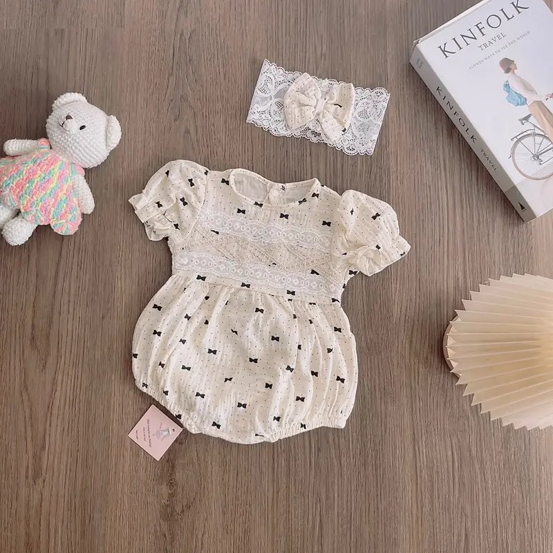 Bodysuit Bé Gái Chất Xô Muslin Thiết Chấm Bi Nơ Đen, Kèm Turban Nơ Xinh Xắn, Dành Cho Bé 3kg Đến 11kg 4
