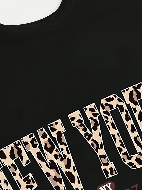 Two-piece Set Girl's Leopard Letter Print Tee & Pants Set, Casual Fashion Round Neck Short Sleeve T-shirt & Trousers for Daily Outdoor Wear, Kids Clothing for Summer, Rounded Neck 5