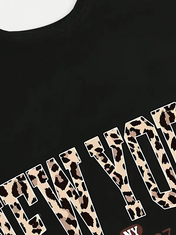 Two-piece Set Girl's Leopard Letter Print Tee & Pants Set, Casual Fashion Round Neck Short Sleeve T-shirt & Trousers for Daily Outdoor Wear, Kids Clothing for Summer, Rounded Neck 5