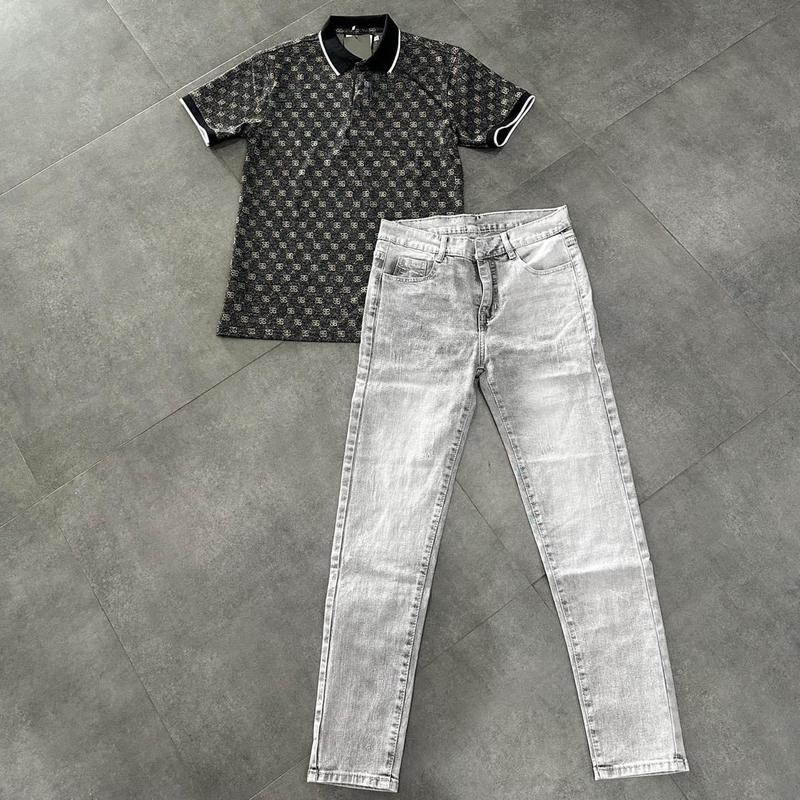 Combo Quần Jean Xám Nhạc  + Áo Polo Nam BBR Cổ Bẻ Họa Tiết In Chuyển Nhiệt Full Áo-Áo Polo Chất Liệu Cá Sấu Cotton Cao Cấp Form Dáng Rộng Cực Đẹp