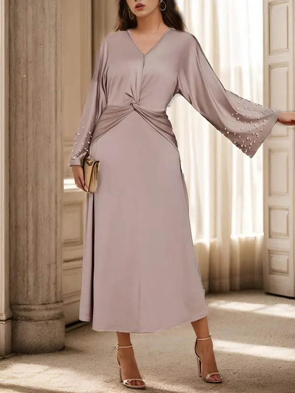 Women's Plain Twist Wrap V Neck A Line Dress, Elegant Long Sleeve Long Dress for Spring & Fall, Eid Outfits for 2024, Women's Clothing for Party Banquet 4