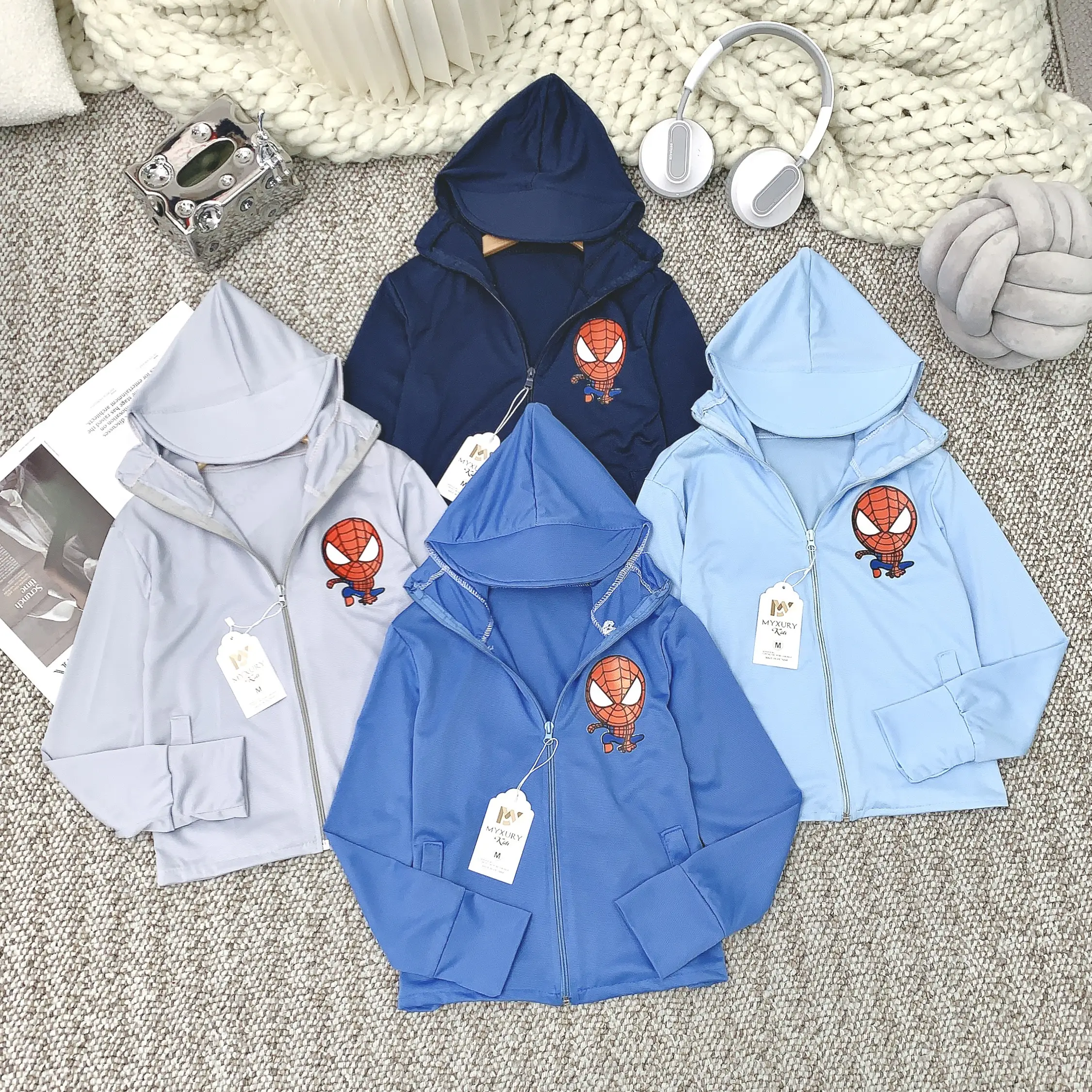 Áo chống nắng cho bé mẫu siêu nhân nhện Spiderman có mũ cứng trùm đầu size từ 10-35kg