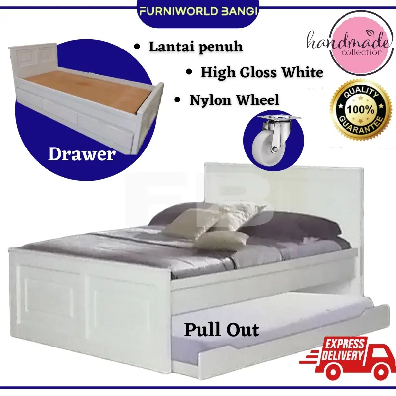 Full Solid wooden bedframe with drawer/ 3ft pull out bed Katil