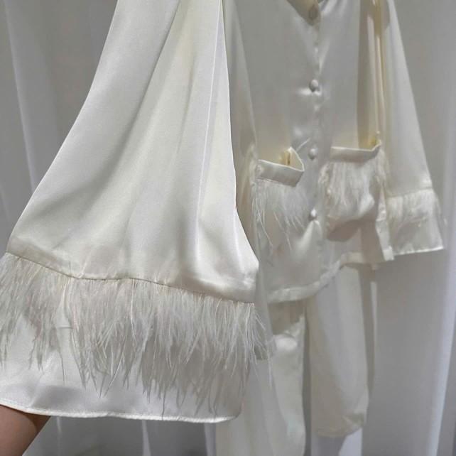 Đồ Bộ Cao Cấp Mặc Nhà Tiểu Thư Lụa Mịn Latin Mềm Mịn  Phối Lông Vũ Pijama Bộ Ngủ Nữ Freesize 40-58kg - HD STORE Áo 6
