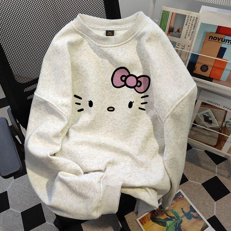 Áo Nỉ In Hình Hello Kitty, Phong Cách Preppy Ngọt Ngào Cổ Thuyền Dành Cho Nữ, Mùa Thu Và Mùa Đông, Đệm Nhung Đại Học Hoang Dã, Dáng Rộng Vừa Vặn, Áo Dài Trung Bình 2