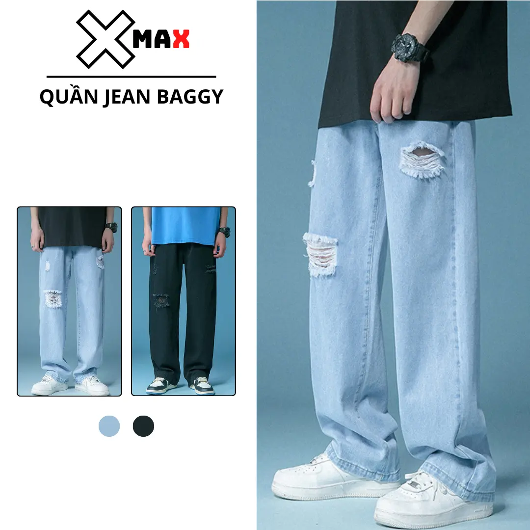 Quần jean nam baggy rách gối ống rộng dáng suông vải bò cao cấp trơn hottrend XMAX Menswear Pants B003