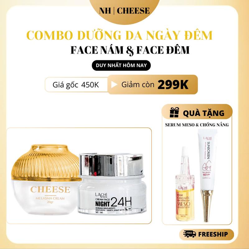 LACHI CHEESE COMBO 4 món mỹ phẩm LACHI- Kem Face ngày- Kem Face đêm sữa ong chúa- Serum Face Meso - Kem chống nắng SPF 50+ PA++++ - Skincare Son Massage