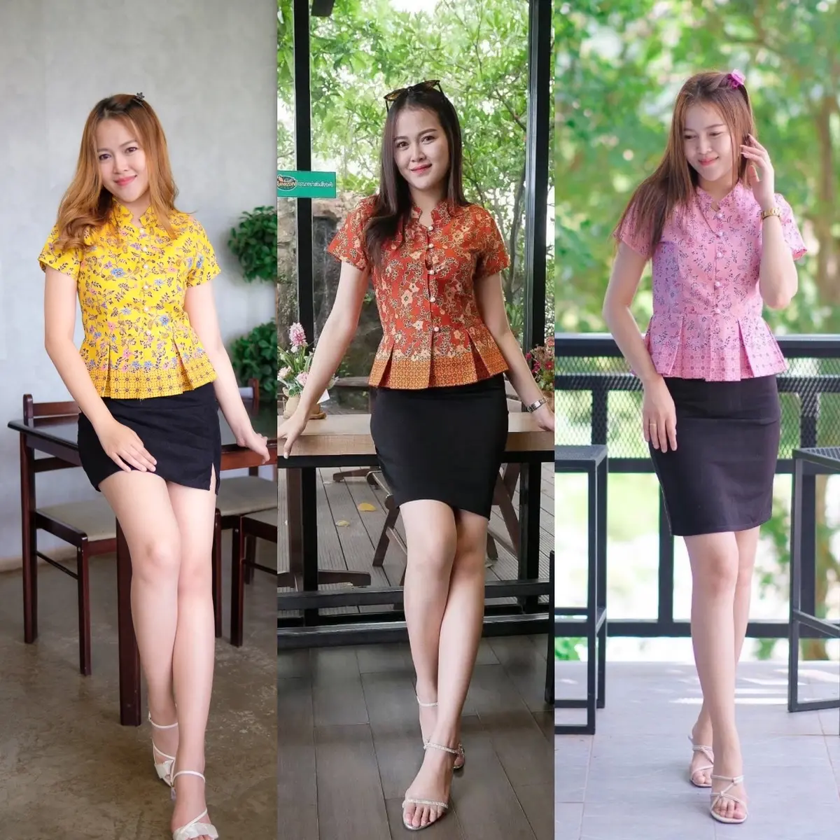 เสื้อปาเต๊ะ แขนสั้น ลายดอกชบา คอจีน กระชับพอดี
