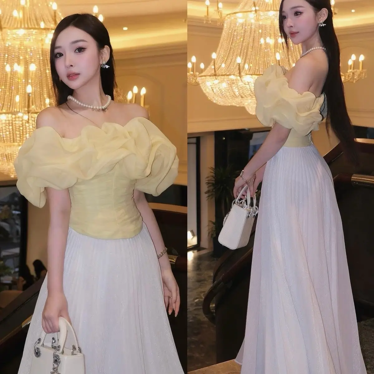 Set Áo Trễ Vai Bồng Mix Chân Váy Tơ Nhũ Xếp Ly Dáng Dài Đi Tiệc Đi Chơi Sang Chảnh - LS00065