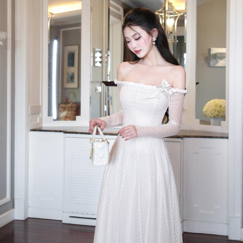 Đầm Khiết ren đan trễ vai dáng xòe tone màu trắng phong cách dự tiệc sang trọng KD34A 1