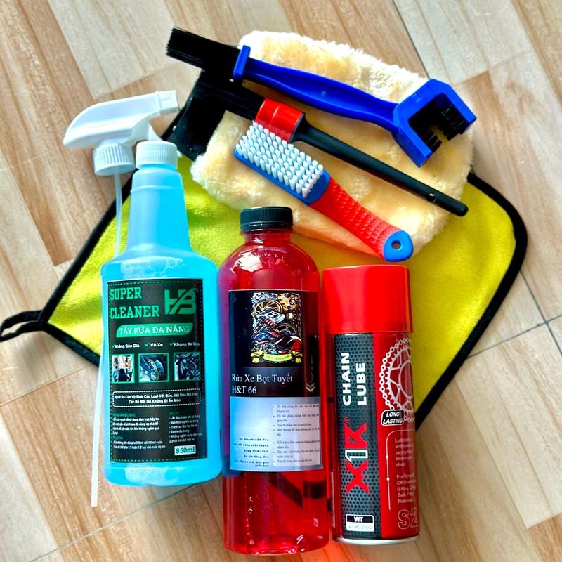 Combo rửa dưỡng Super Clener dung tích 850ml + dưỡng sên x1r + xà bông 1l + bao tay long cừu + cọ đen + chà sên + chà bánh + khăn lau xe dung  dichtay