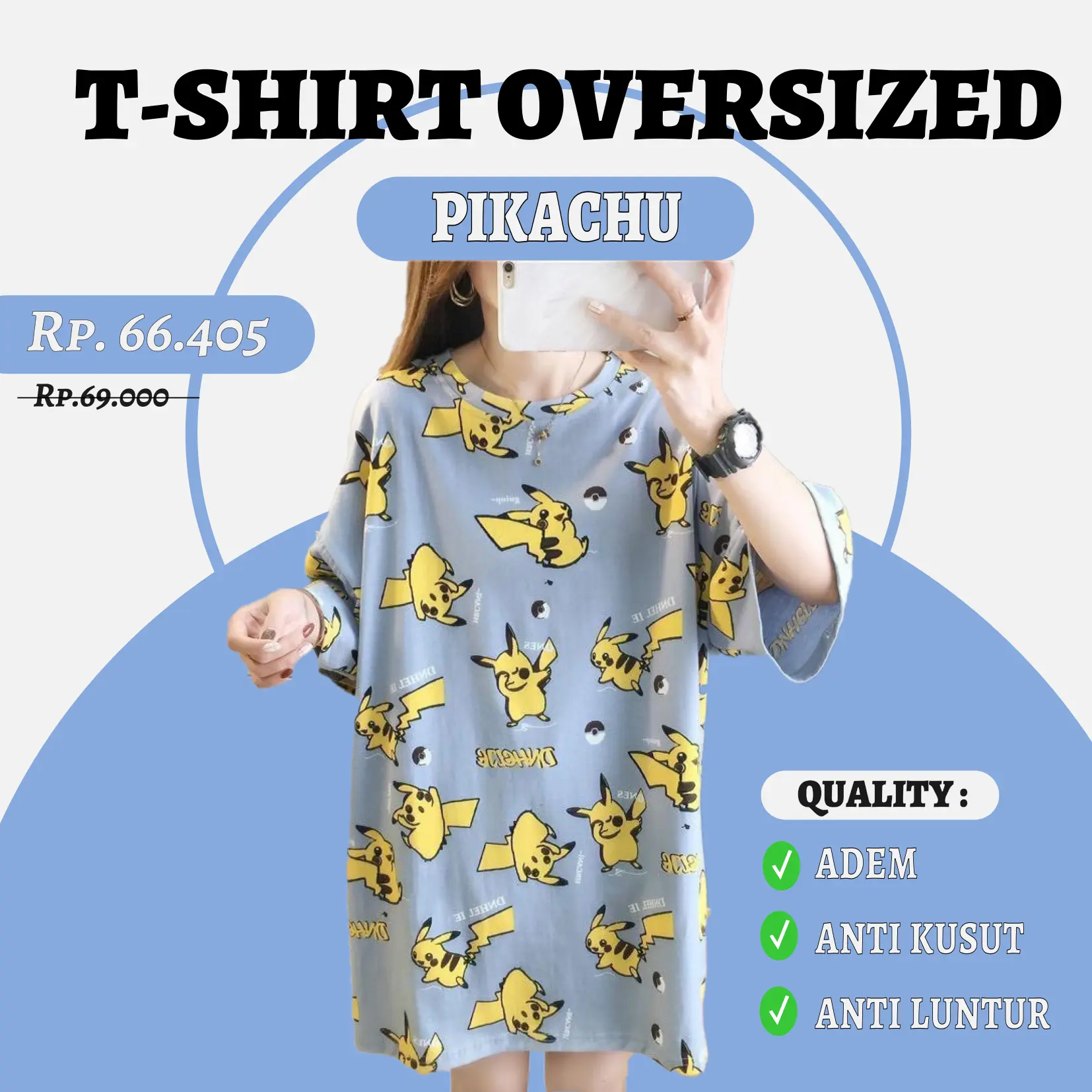 [PIKACHU] Kaos Atasan Oversized XXL T-Shirt Unisex Wanita Pria Full Print Motif PIKACHU