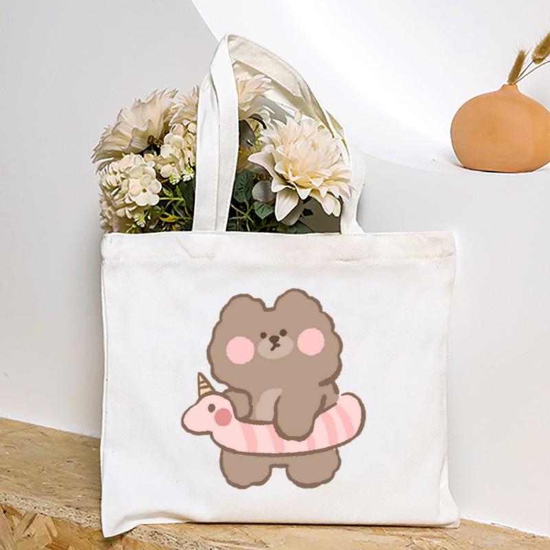 Product Introduction of Cute Cartoon Teddy Bear Printed Canvas Horizontal Handbag Fashionable Versatile One Shoulder Storage Bag 45