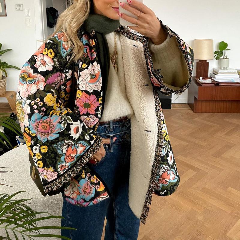 Product Introduction of Women Winter Loose Quilted Jacket Floral Print Button Down Long Sleeve Padded Coat Warm Outwear 30