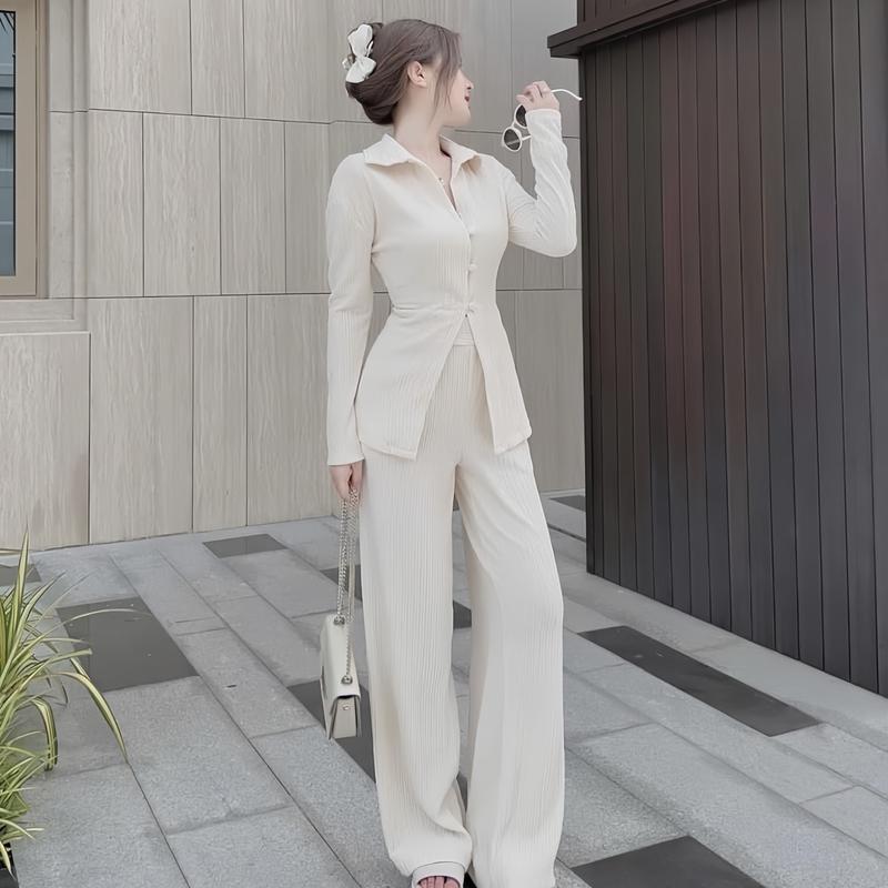 Set đồ nữ áo tay dài phối nút cài thật kèm quần dài ống rộng xinh xắn dành cho các nàng đi chơi. Women Top 6