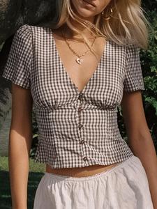 Blusa de manga corta con cuello en V y estampado a cuadros para mujer, Top informal con dobladillo curvo para verano, Top de mujer de moda para uso diario