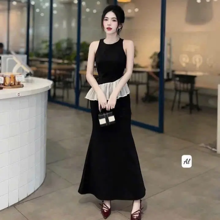 S176 Set nhung áo sát nách phối bèo và chân váy đuôi cá xoè dáng dài -MITRUC Nữ Women