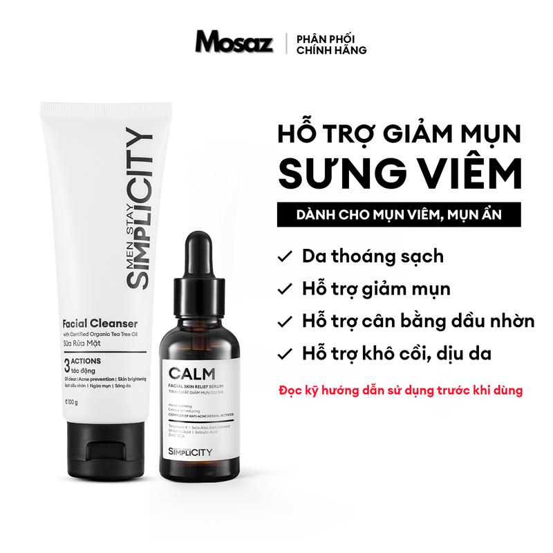 Bộ đôi chăm sóc da nam hỗ trợ giảm mụn dịu da Men Stay Simplicity Acne Relief Duo: Sữa rửa mặt 100g và Serum Calm 30ml