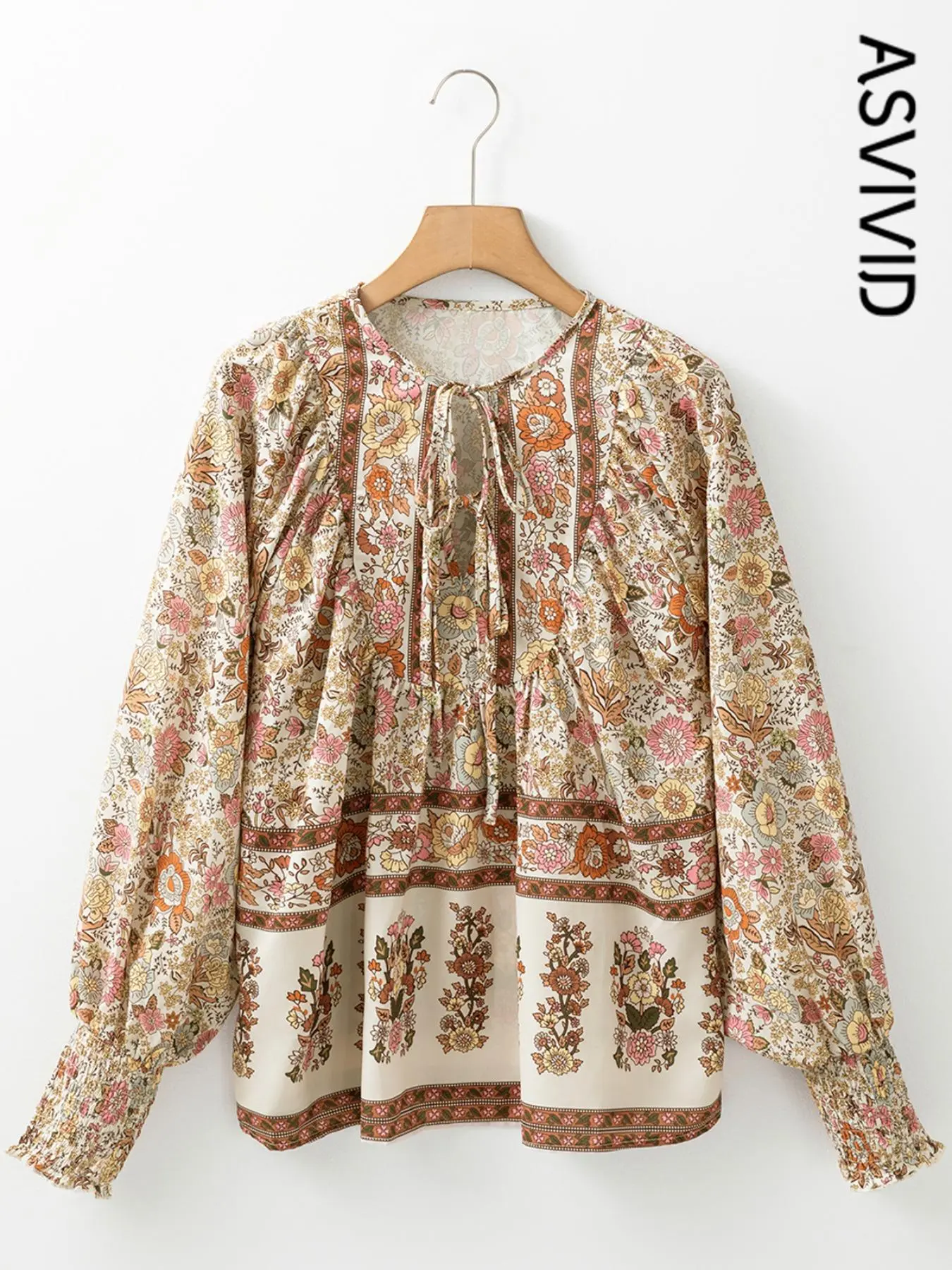 Women's Elegant Blouse with Floral Print Tie-up V-neck and Bishop Sleeves
