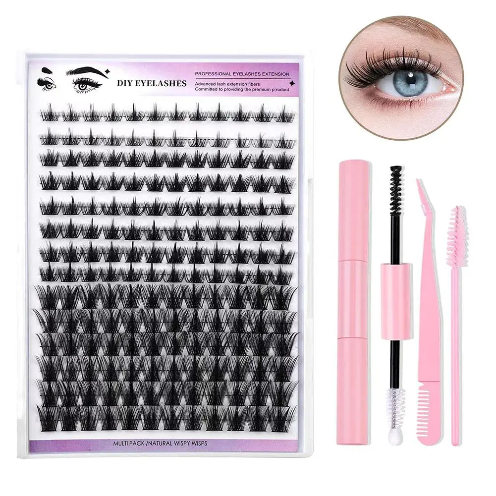 1 Set Cluster Eyelashes Kit With Double-Ended Adhesive And Tweezers Thick And Slim DIY Eyelashes Eyelash Extension Kit