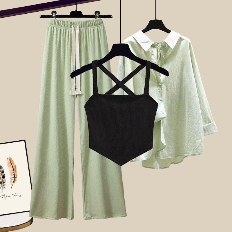 Product Introduction of plus Size Women's Summer Suit Female 2024 New Slim Korean Style Shirt Cross Tank Top Wide Leg Pants Three-Piece Suit Suit 4
